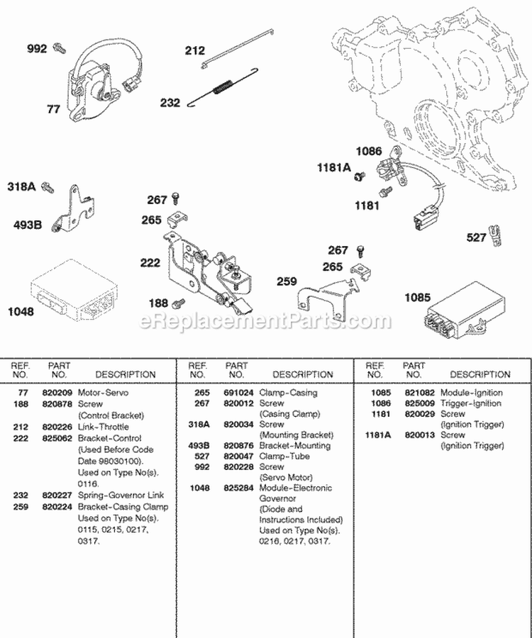 Control Bracket Modules Tigger Ignition Diagram and Parts List for 433447-0215-E2  Briggs and Stratton Engine